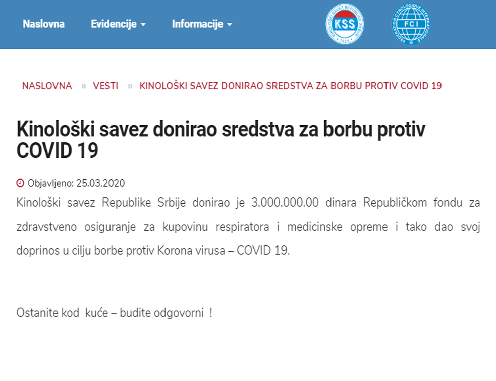 Kinološki savez Srbije u borbi protiv pandemije